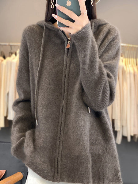 Women Autumn Casual 100%Wool Hooded Cardigan Sweater BA1059 Genistyle Shop