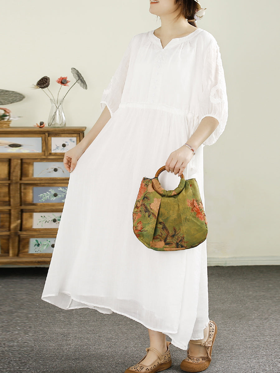 Women Summer Artsy Pure Color V-Neck Ramie Dress HH018 XJYF