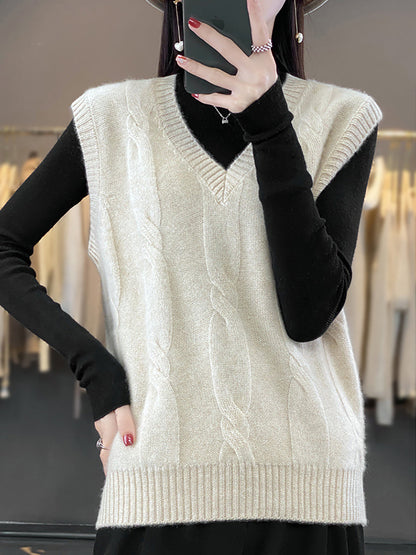 Women Casual Autumn Wool V-Neck Cable Knit Vest QN024 BUYKUD