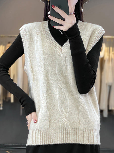 Women Casual Autumn Wool V-Neck Cable Knit Vest QN024 BUYKUD