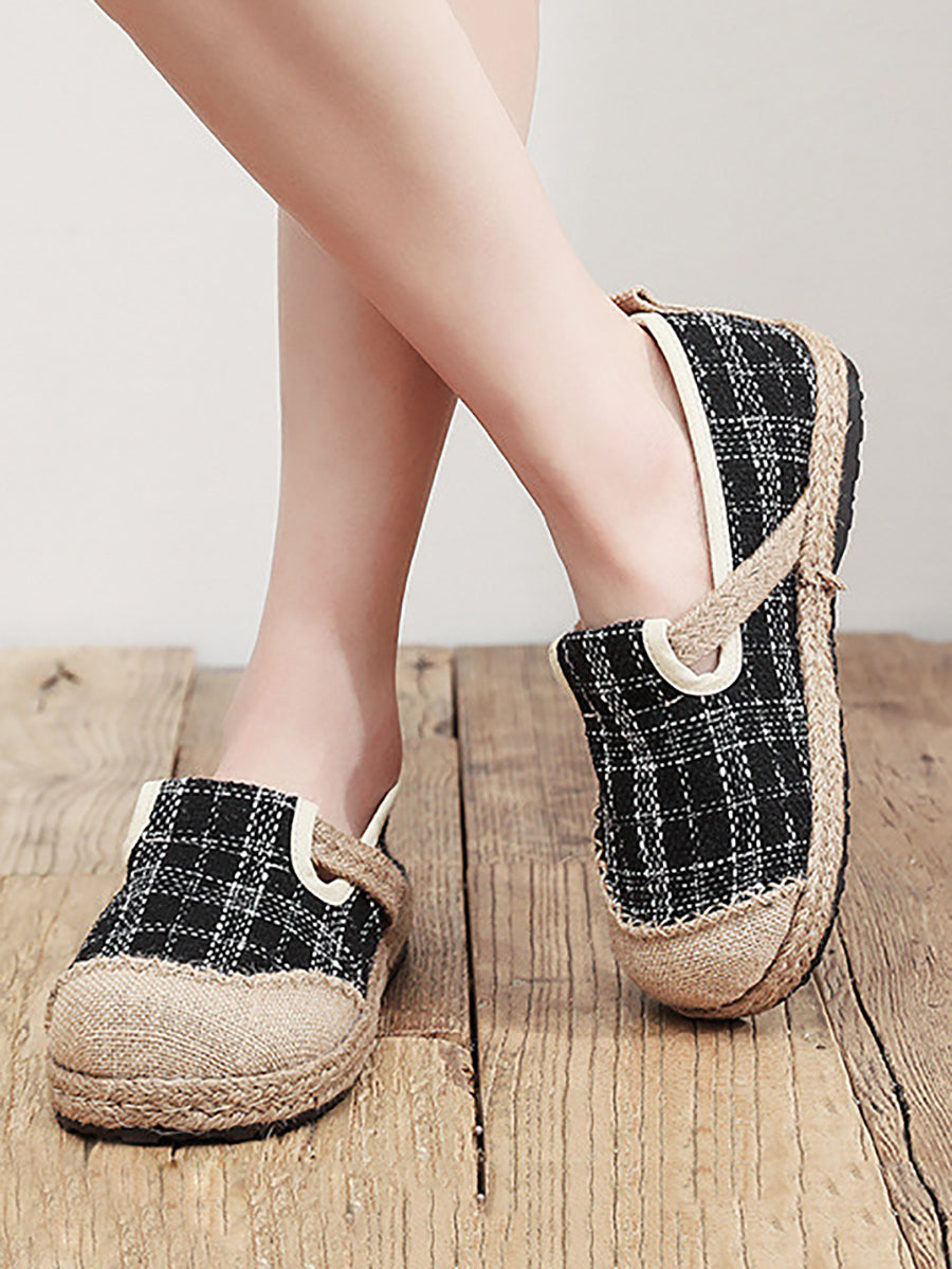 Women Artsy Summer Plaid Linen Spliced Flat Shoes RR007 BUYKUD