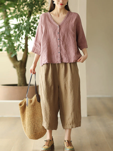 Women Summer Retro Solid Linen Loose Harem Pants FD009 ZMMM