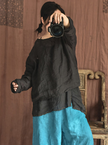 Women Casual Solid Split Hem Stitching Loose Ramie Vest LL023 QYMM