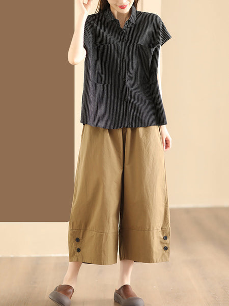 Women Artsy Summer Stripe Linen Button-up Shirt SC1046 Ada Fashion