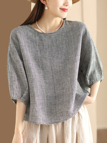 Women Summer Artsy Plaid Linen Loose Shirt KL1011 Ada Fashion