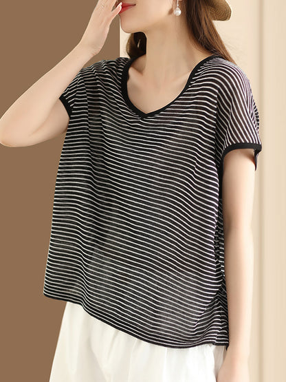 Women Summer Casual Stripe V-Neck Shirt AA1013 Ada Fashion