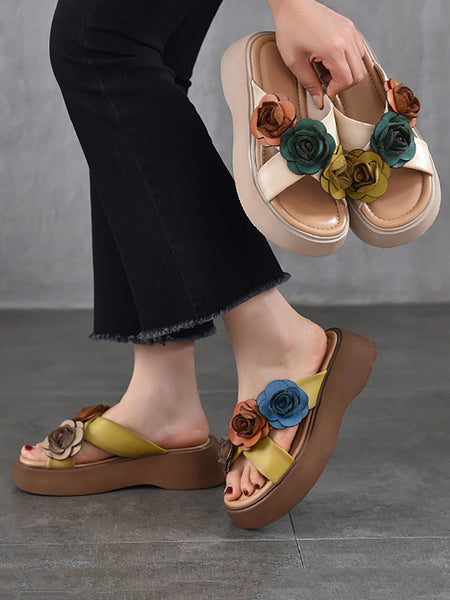 Women Summer Platform Spliced Flower Leather Slippers FashionChic
