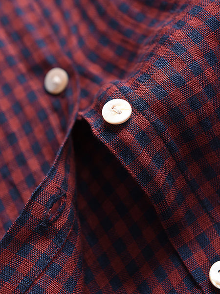 Women Summer Vintage Plaid Button-Up Linen Shirt PP1034 BUYKUD