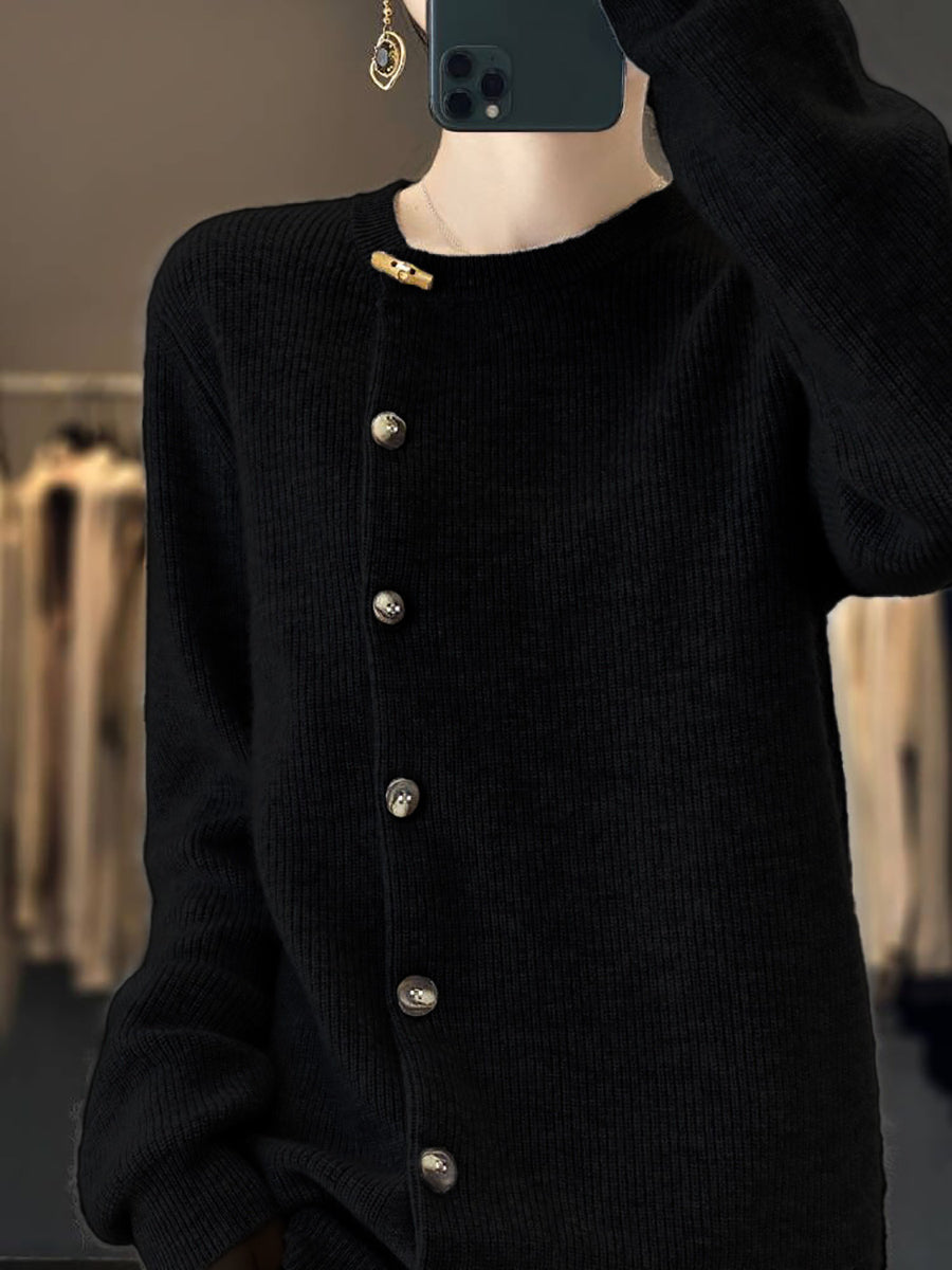 Women Autumn Solid Knit Wool Buttoned O-Neck Sweater WU024 BK