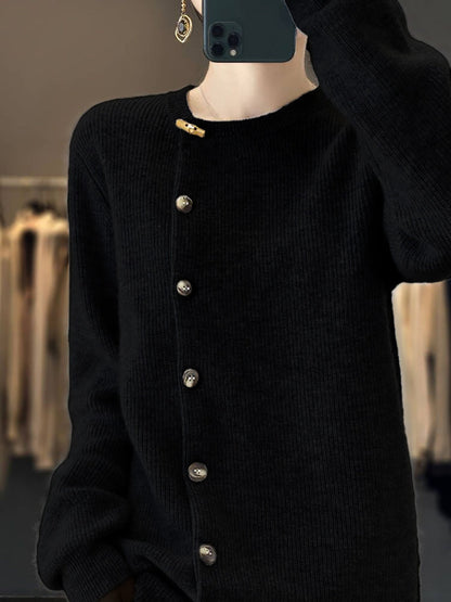 Women Autumn Solid Knit Wool Buttoned O-Neck Sweater WU024 BK