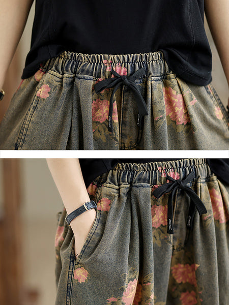 Women Summer Retro Flower  Denim Loose Pants II1003 BUYKUD