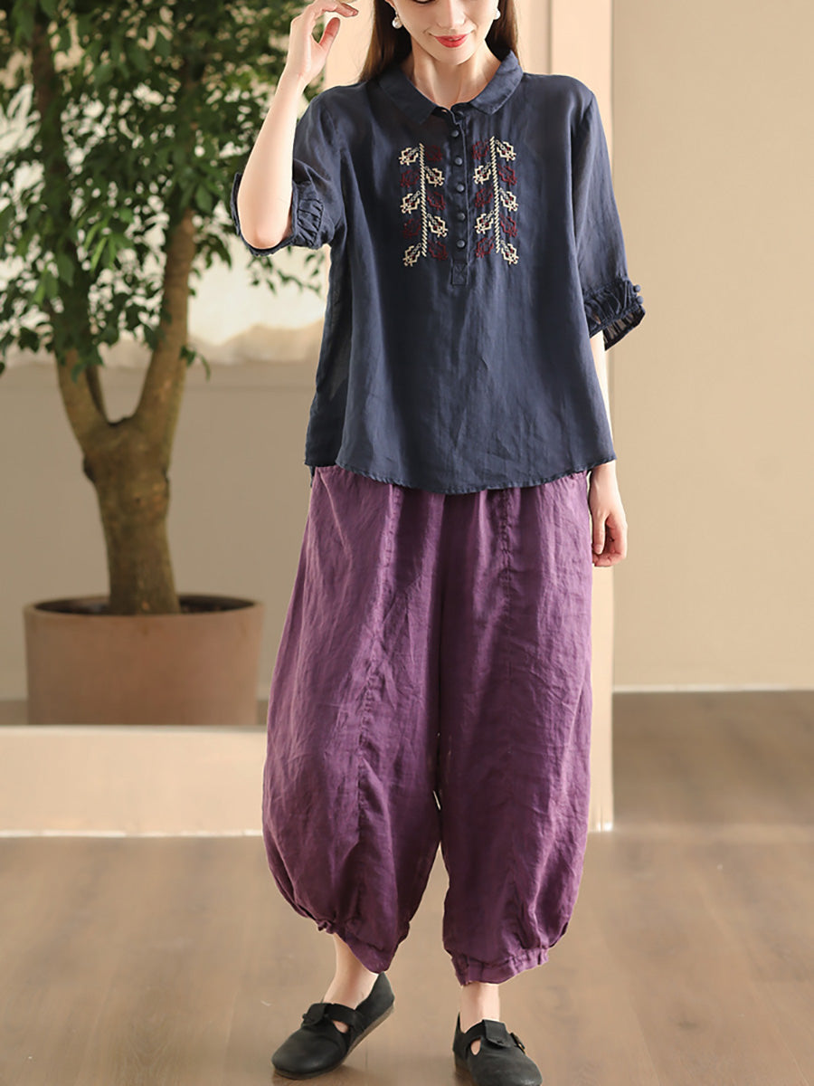 Women Summer Vintage Embroidery Turn-down Collar Ramie Shirt FD017 YDR