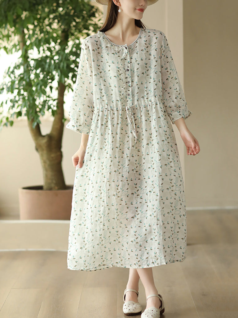 Women Summer Artsy Floral O-Neck Strap Ramie Dress FD010 SHWJ