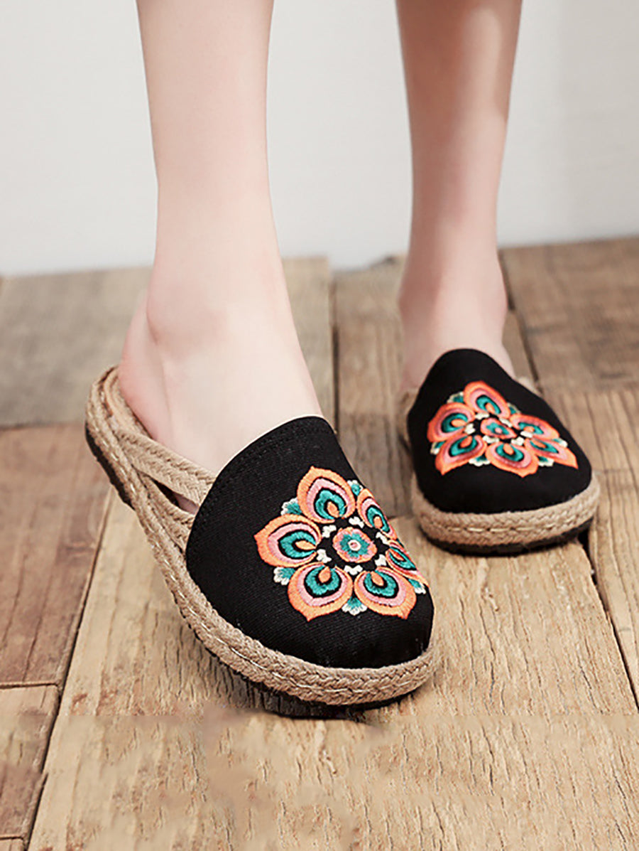 Women Summer Ethnic Flower Embroidert Straw Slippers II1017 TCXY