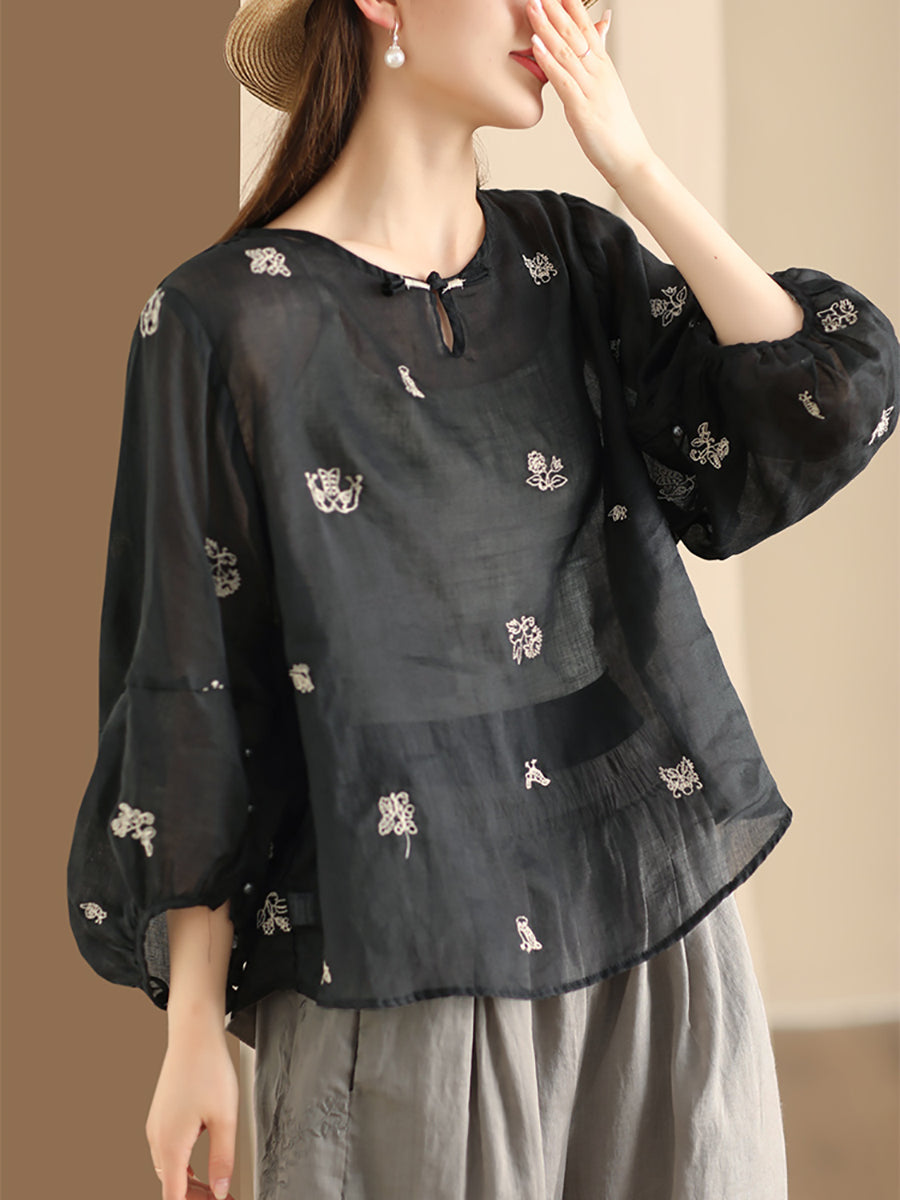 Women Summer Vintage Flower Embroidery Ramie Shirt AA1042 Ada Fashion