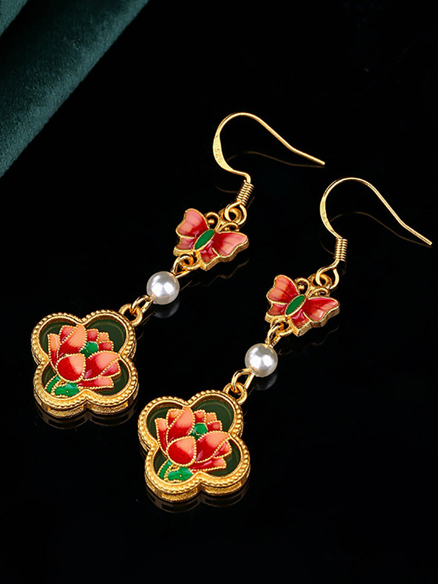 Women Vintage Enamel Flower Butterfly Pearl Earrings AH1086 BUYKUD