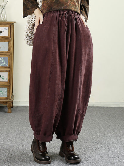 Women Autumn Vintage Solid Pocket Linen Harem Pants AV1031 Genistyle Shop