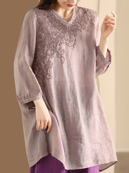 Women Summer Artsy Embroidery Ramie Long Shirt AS1022 Ada Fashion