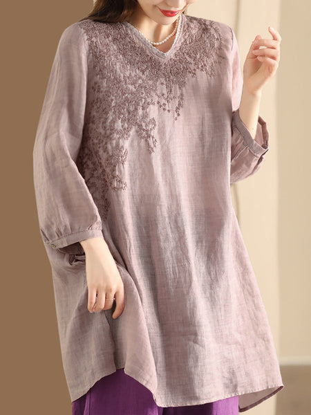 Women Summer Artsy Embroidery Ramie Long Shirt AS1022 Ada Fashion
