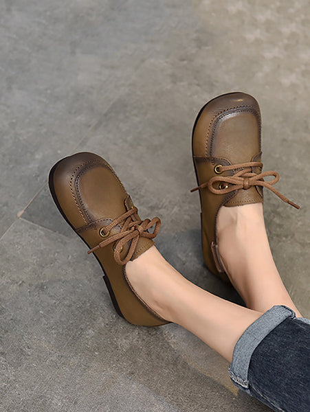 Women Summer Retro Solid Leather Square Toe Flat Shoes CX041 TZTJ