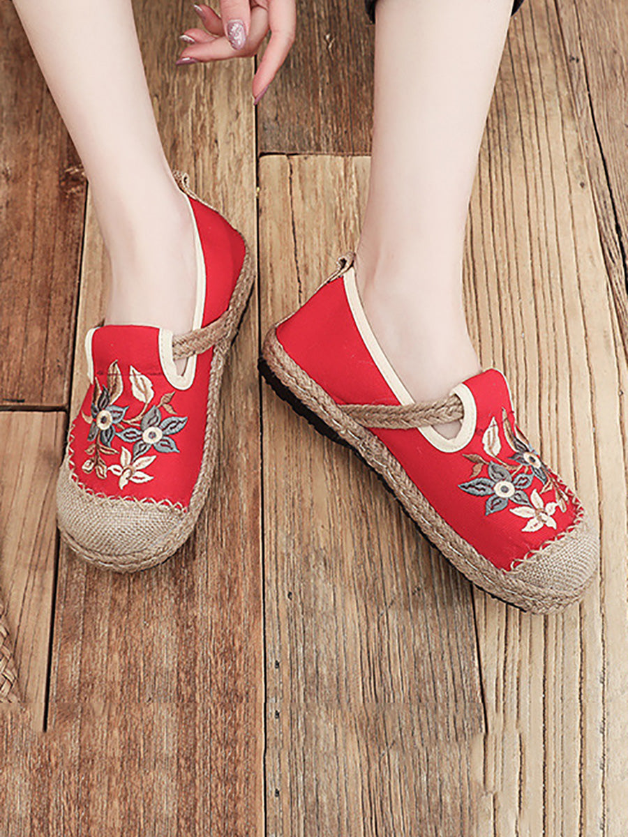 Women Ethnic Flower Embroidery Linen Cotton Flat Shoes AH1062 TACH