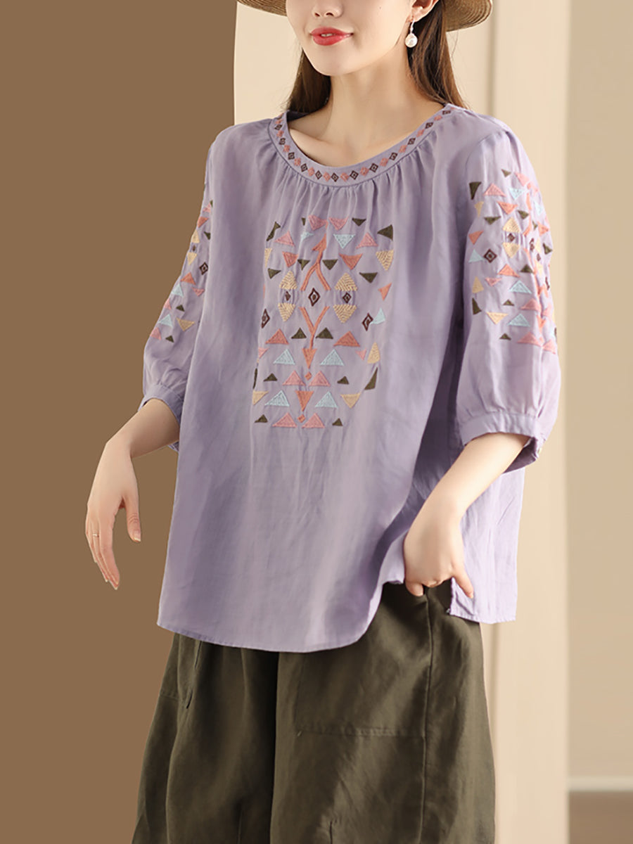 Women Summer Vintage Embroidery O-Neck Ramie Shirt OP1042 BUYKUD