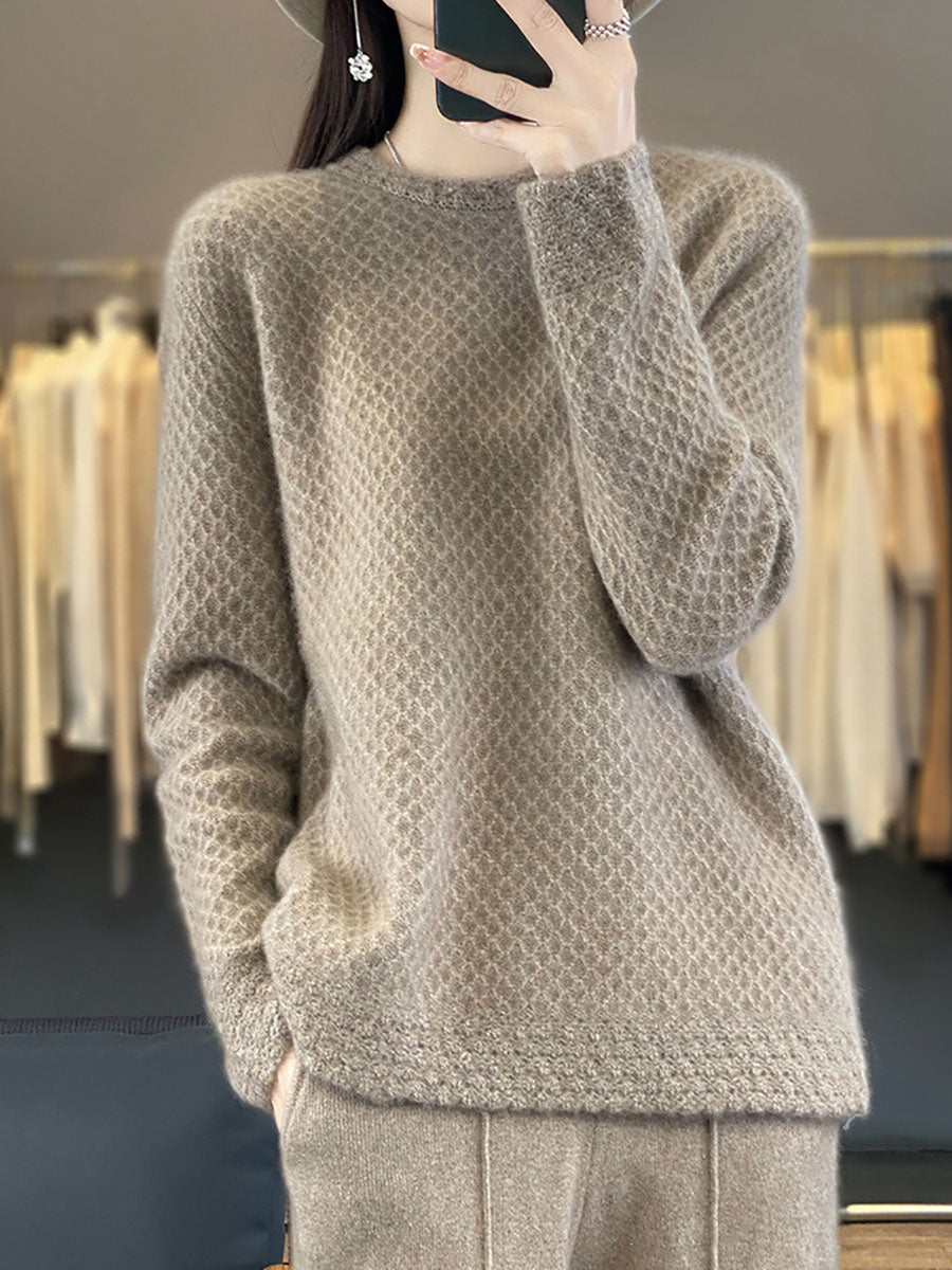 Women Autumn Solid Knit 100%Wool O-Neck Sweater QM005 BK