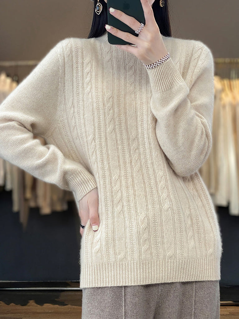 Women Autumn Solid Cable Knit 100%Wool Half Turtleneck Sweater QN027 BK