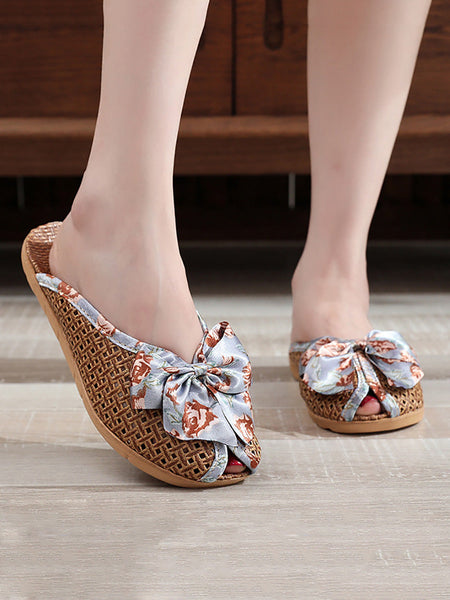 Bowknot Ethnic Weave Women Indoor Slippers Straw Flower FashionChic