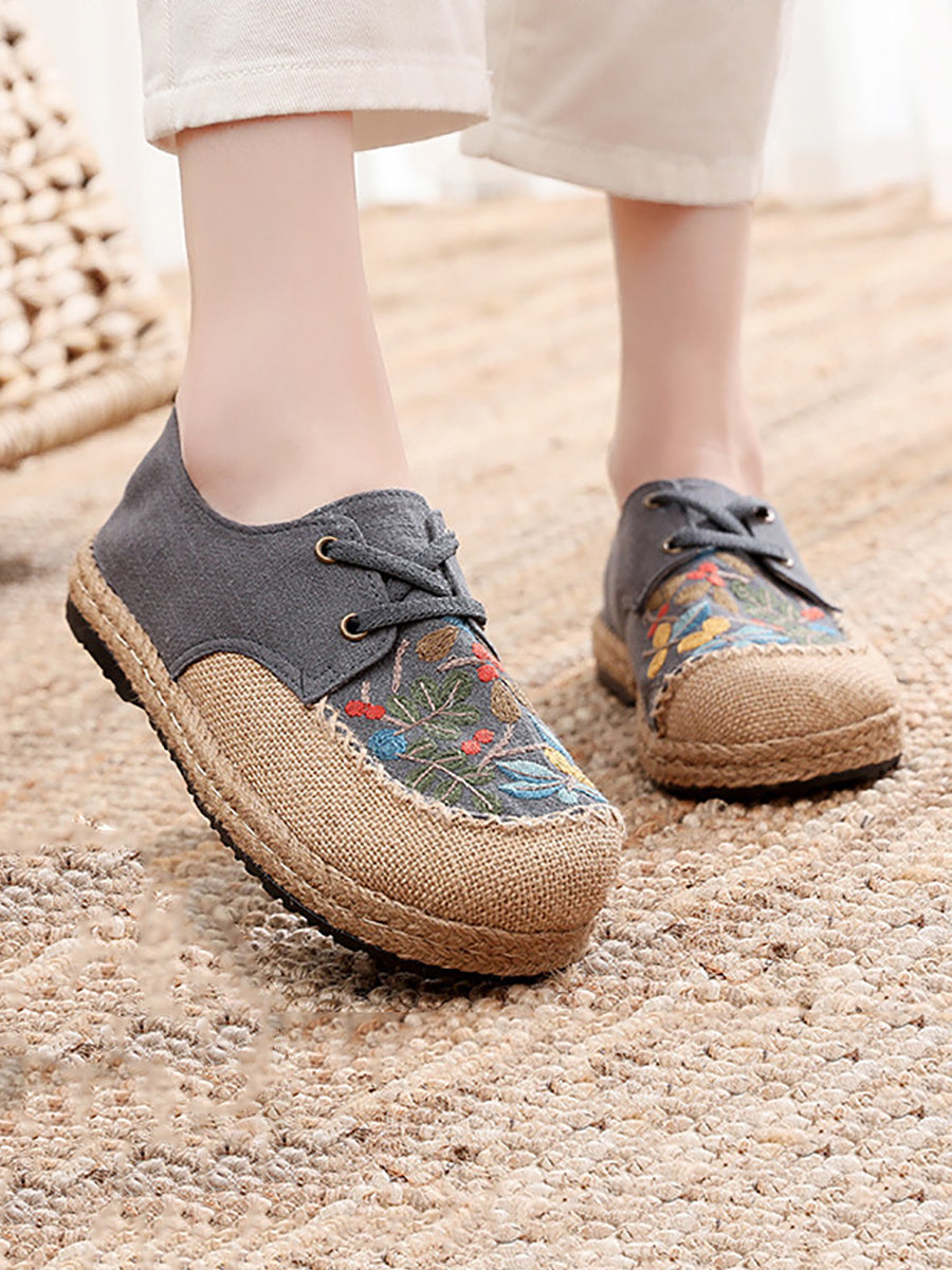 Women Summer Vintage Flower Embroidery Linen Cloth Shoes AT1068 TACH