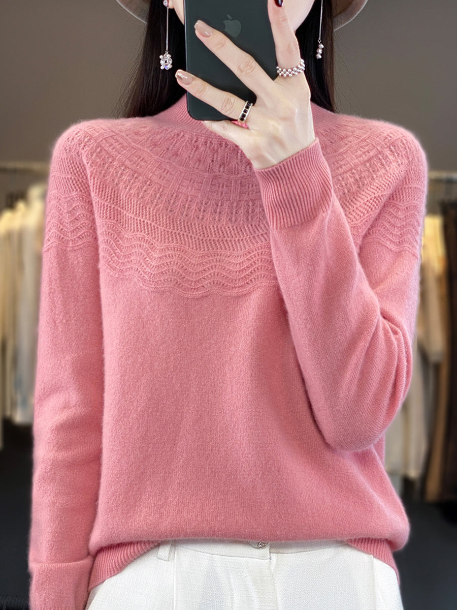 Women Autumn Cable Knit 100%Wool Half Turtleneck Sweater QN031 BK