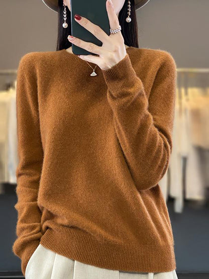 Women Autumn Solid Knit 100%Wool O-Neck Sweater WU023 BK