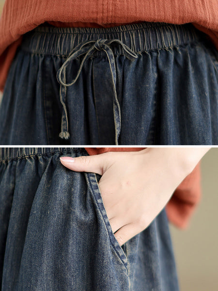 Women Summer Casual Solid Denim Spliced Wide-leg Pants PP1002 BUYKUD