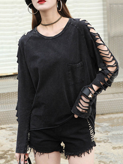 Black Sleeves T-shirt Out Long Round-neck Street Loose Hollow FashionChic
