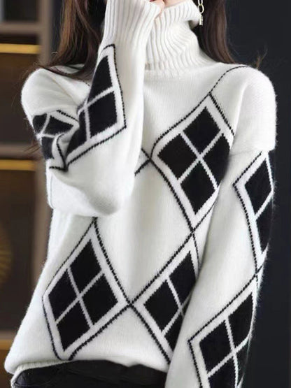 Casual Red High-Neck Contrast Color Plaid Long Sleeves Sweater QX014 shopify