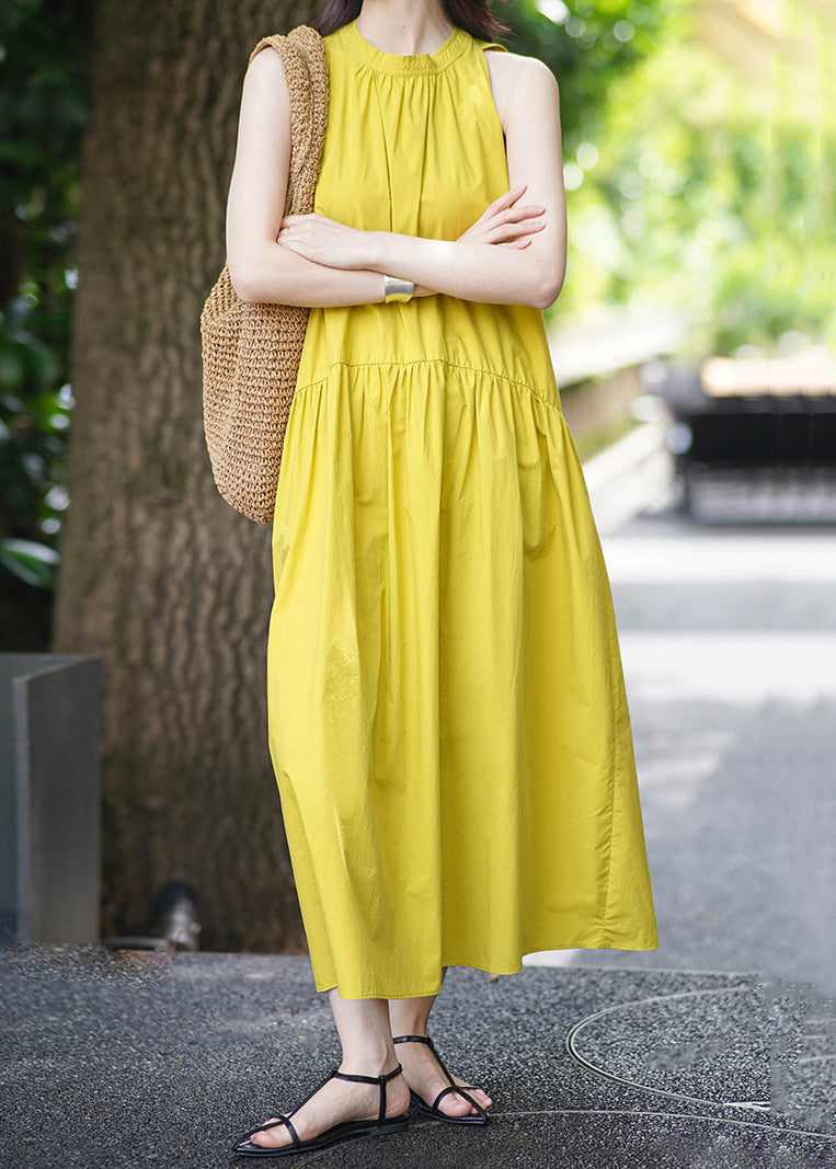 Elegant Yellow Pockets Solid Cotton Long Dress Sleeveless AF1043 HS-SDL240914