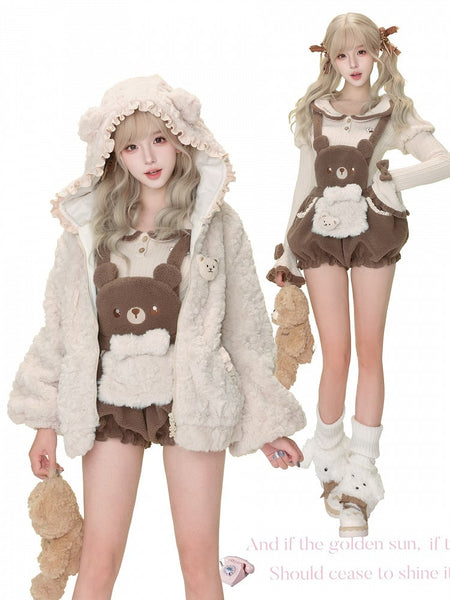 Brown Ear Light Trim Brooch Plush Ruffle Hood Jacket Bear with Kawaii FashionChic