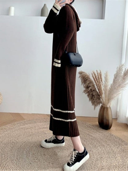 Urban Coffee Hooded V-Neck Long Sleeve Striped Knit Dress AN1051 Genistyle Shop