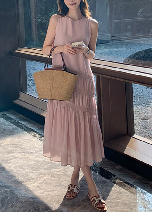 Elegant Pink Wrinkled Solid Long Dress Sleeveless QP036 OL-SDL241001
