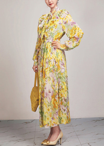Beautiful Yellow Print Lace Up Chiffon Long Dress Long Sleeve AR1037 JDML-240823