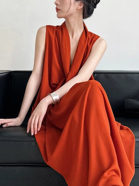 Pockets with Draped Sleeveless Dress Elegant Midi FashionChic