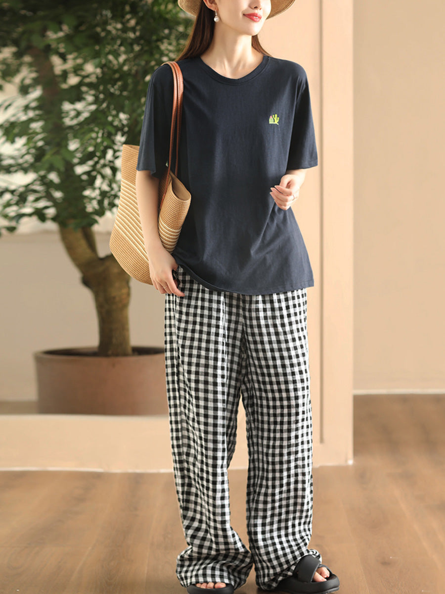 Women Summer Casual Solid Embroidery O-Neck Cotton Shirt CX060 JPFS