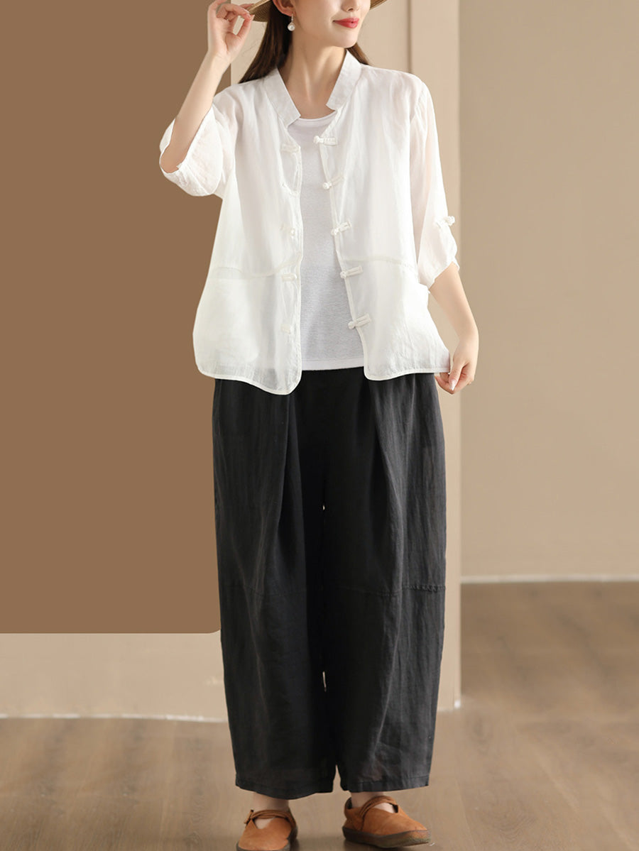 Women Summer Ethnic Solid Button-up Ramie Shirt QW1046 Ada Fashion