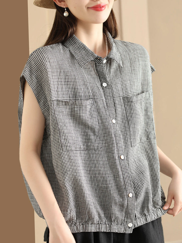 Women Summer Casual Plaid Button-up Linen Shirt HH013 BUYKUD