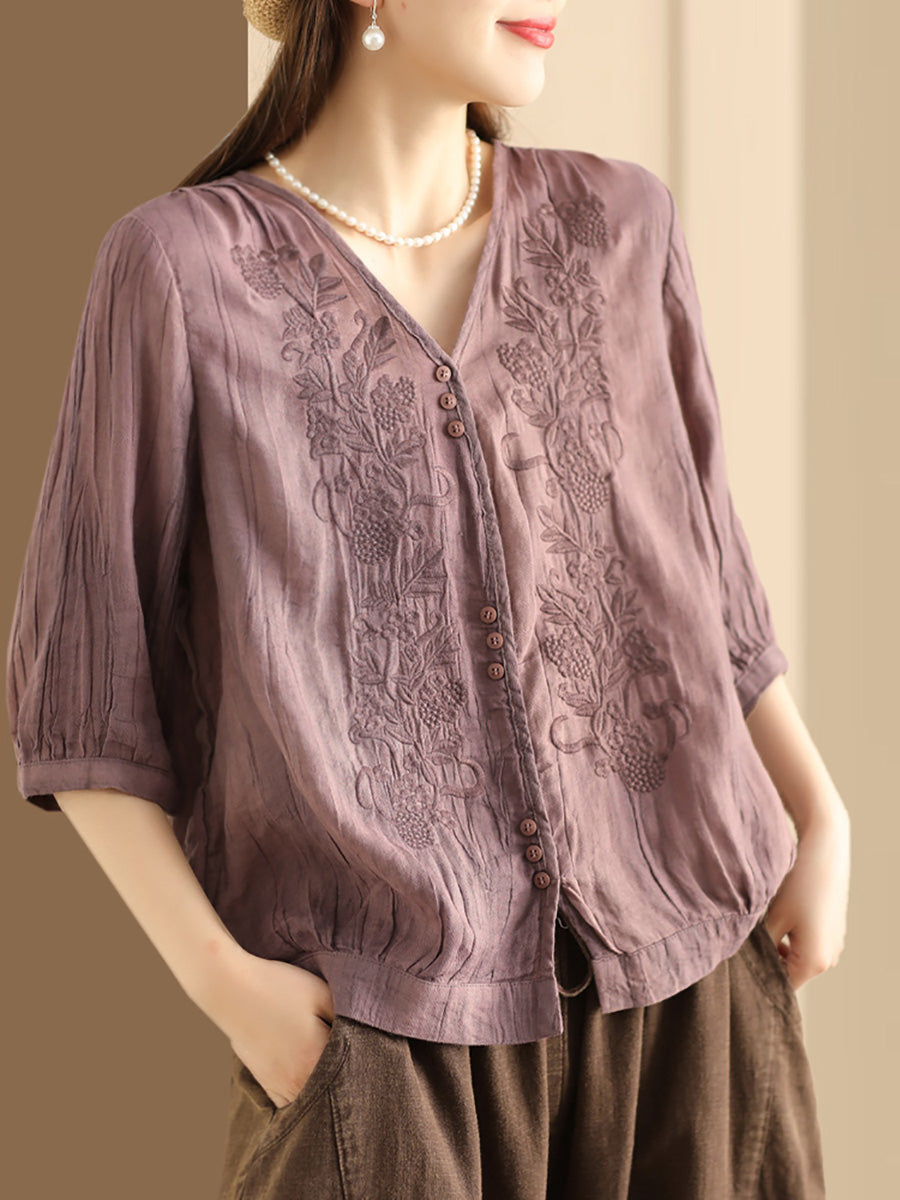 Women Vintage Summer Embroidery V-Neck Ramie Shirt PA1003 Ada Fashion