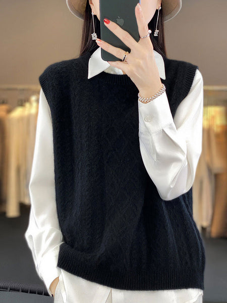 Women Casual Wool O-Neck Twist Knit Vest QU007 BUYKUD