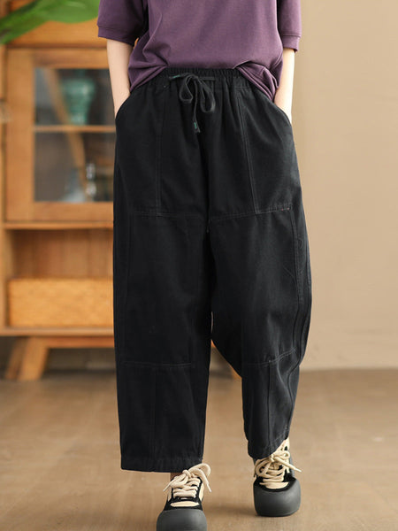 Women Autumn Vintage Solid Spliced Pocket Harem Pants AI1030 BUYKUD