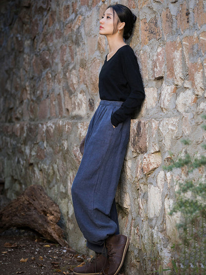 Women Vintage Autumn Solid Loose Ramie Cuffed Pants AT1013 BXF