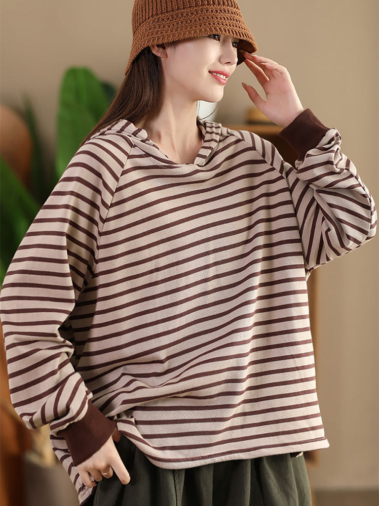 Women Casual Autumn Stripe Colorblock Hooded Sweatshirt AI1025 ZMMM