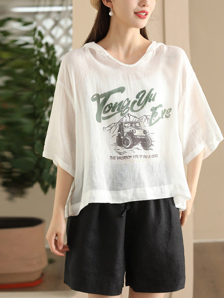 Women Summer Casual Print Thin Ramie HoodedShirt LL038 BUYKUD